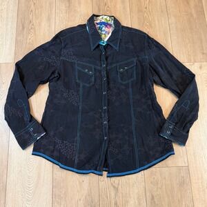 Georg Roth Los Angeles Mens XXL Black Floral Embroidered Western Shirt Turquoise